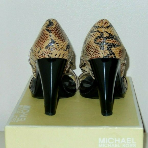 Michael Kors Heels 5.5 Iona Camel Reptile Snake Sandals Worn Once with Box - Picture 9 of 11
